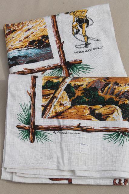Grand Canyon souvenir tea towels, vintage print linen towel curtains for cabin or camper