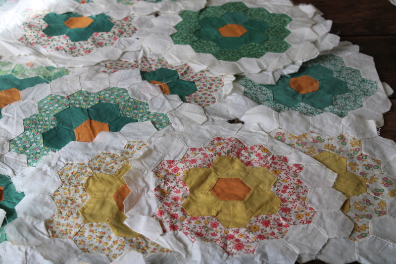 Grandmas flower garden hand stitched cotton hexies quilt blocks 1930s vintage print fabrics