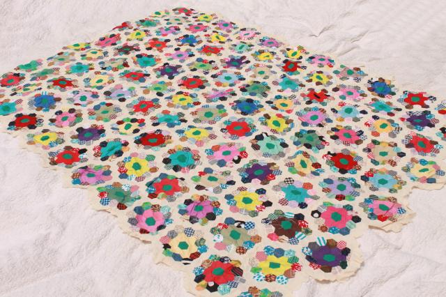 Grandma's flower garden quilt top, vintage cotton prints pieced patchwork, hand-stitched