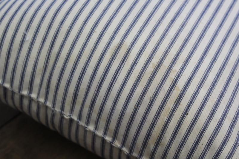 HEAVY old chicken feather pillow, vintage indigo blue striped cotton ticking fabric cover