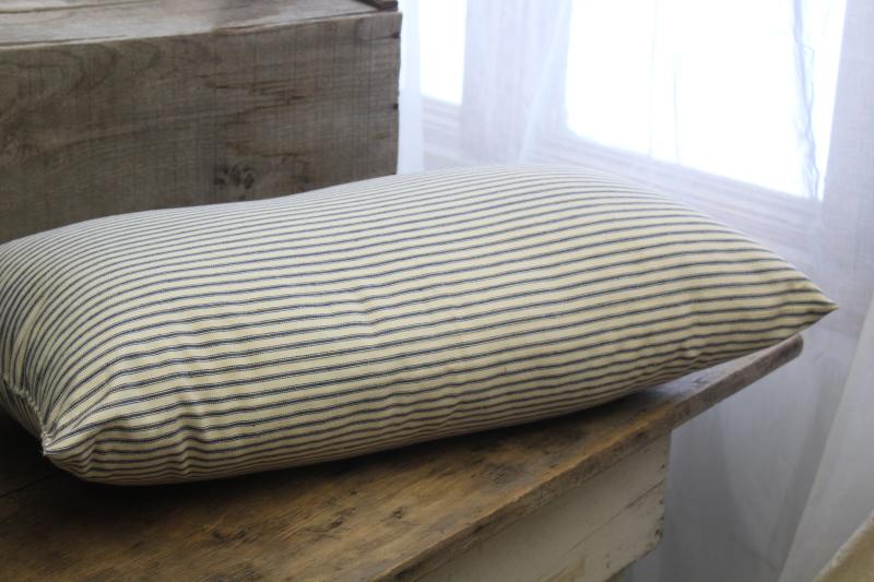 HEAVY old chicken feather pillow, vintage indigo blue striped cotton ticking fabric cover