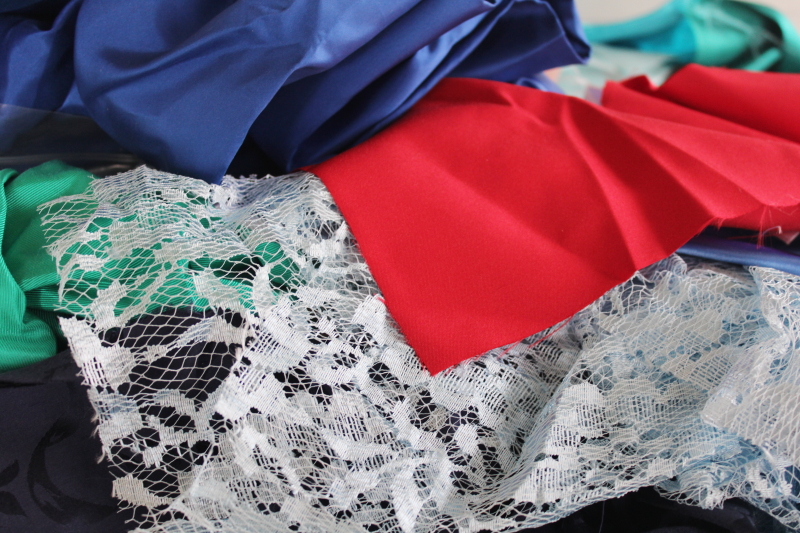 HUGE lot scrap fabrics satin  taffeta, trims from dressmaker formal gowns