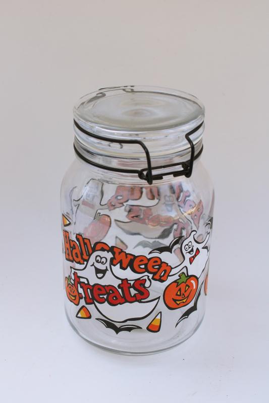 Halloween Treats print glass candy jar, vintage Anchor Hocking bail lid hermetic jar