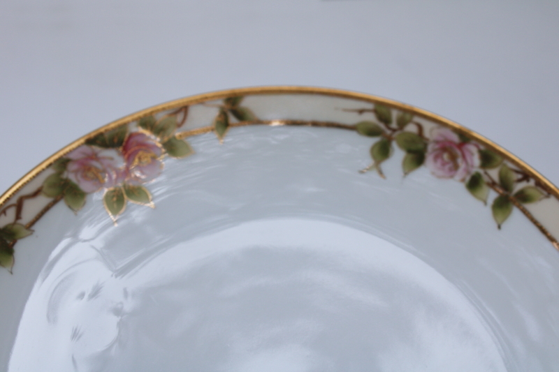 Hand Painted Nippon porcelain plate 1920s vintage, gold border pink roses floral antique china