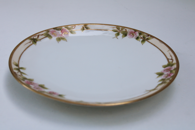 Hand Painted Nippon porcelain plate 1920s vintage, gold border pink roses floral antique china