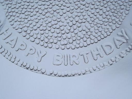 Happy Birthday glass cake plate, vintage Pilgrim glass cake plate w/ label