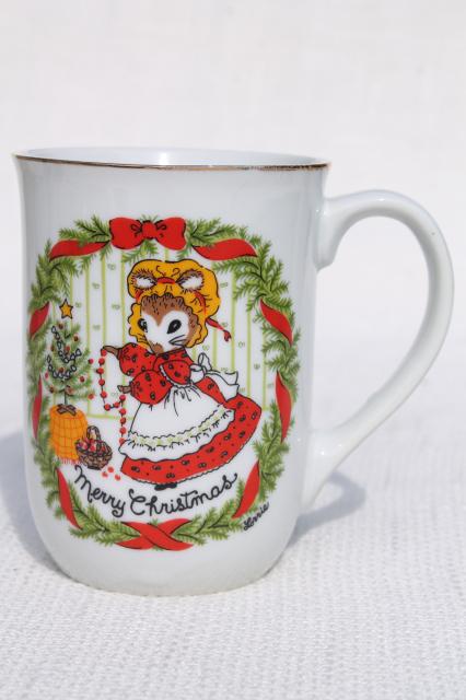 Happy Holidays & Merry Christmas mouse lady tea or coffee mugs, 70s vintage Japan