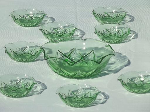Hazel Atlas Fancy vintage green depression glass berry bowls set