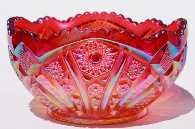Heirloom red sunset carnival iridescent luster glass bowl or large centerpiece vase