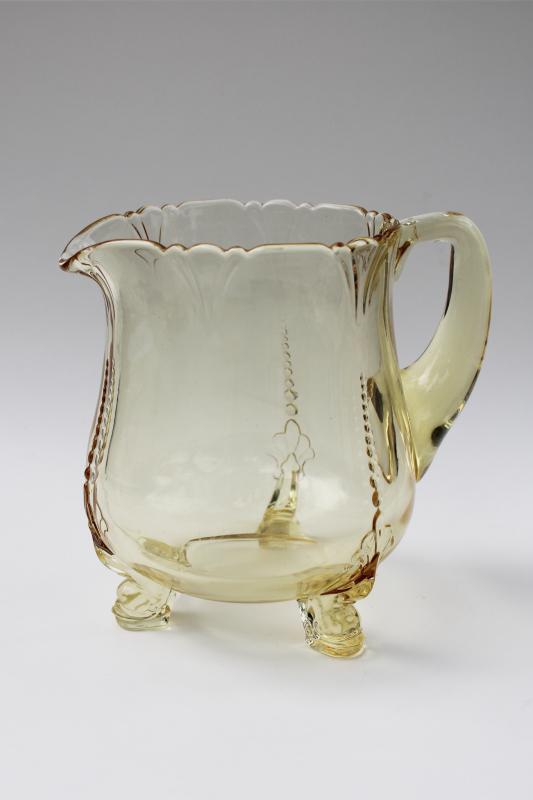 Heisey Empress water pitcher w/ dolphin shape feet, sahara yellow vintage depression glass