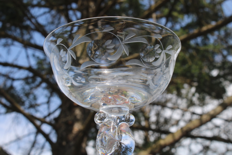 Heisey Moonglo etch Lariat champagne glasses, 1950s vintage crystal stemware