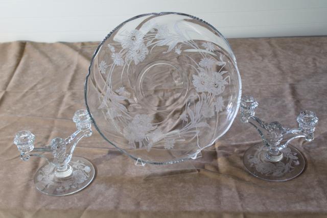 Heisey poppy pattern, vintage elegant glass console bowl candlesticks etched poppies