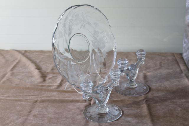 Heisey poppy pattern, vintage elegant glass console bowl candlesticks etched poppies