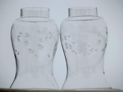 Heritage etch Princess House hurricane shades, candle lamp chimney shade pair