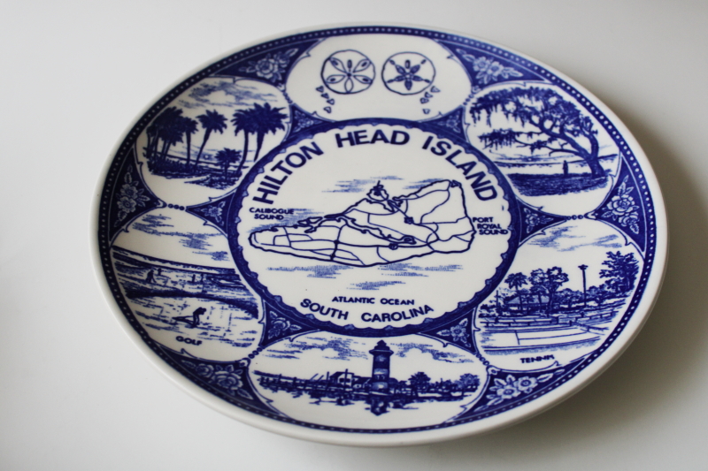 Hilton Head island map  tourist attractions, vintage souvenir plate made in Japan