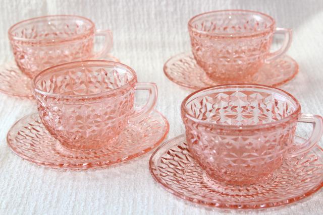 Holiday buttons and bows pattern pink depression glass dishes set, 1940s vintage Jeannette glass