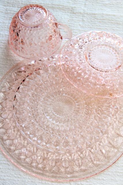 Holiday buttons and bows pattern pink depression glass dishes set, 1940s vintage Jeannette glass