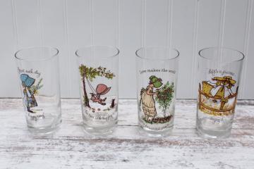 Holly Hobbie drinking glasses, vintage tumblers set girls in blue, pink, green, yellow
