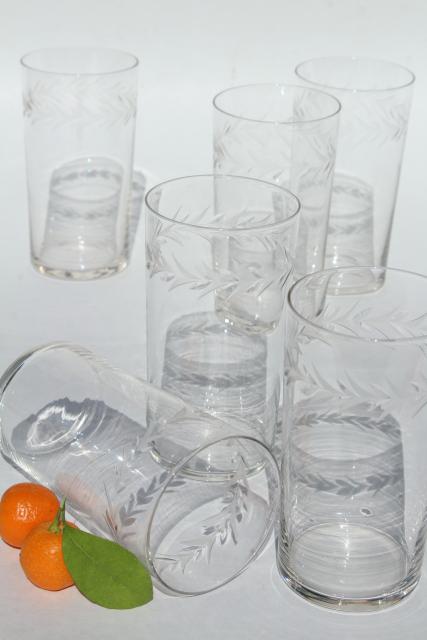 Holly etch Fostoria, set of 6 flat tumblers, vintage drinking glasses