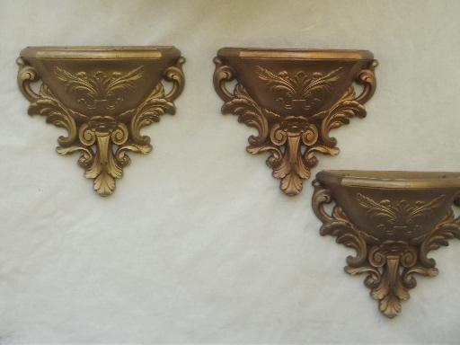 Hollywood regency vintage gold rococo plastic candle sconces, shelf, wall pockets