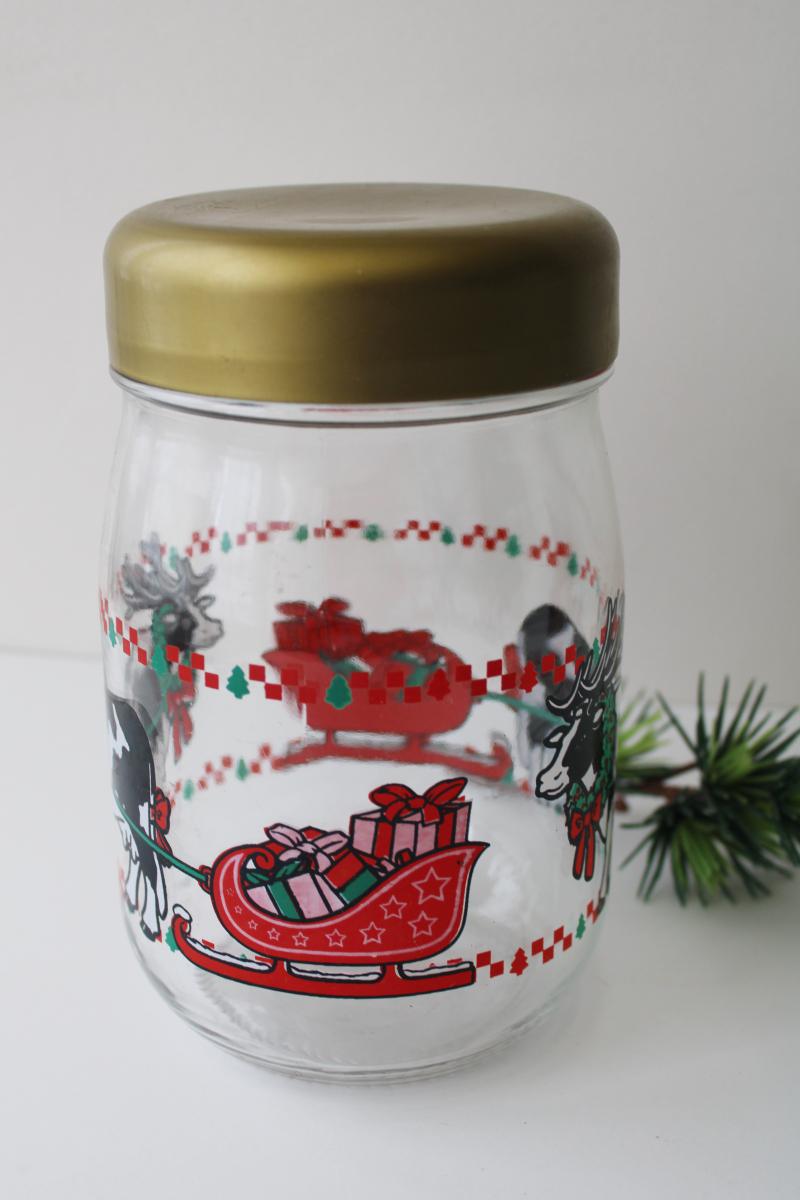 Holstein cow Christmas print glass jar canister, reindeer cows & sleigh