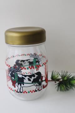 Holstein cow Christmas print glass jar canister, reindeer cows & sleigh