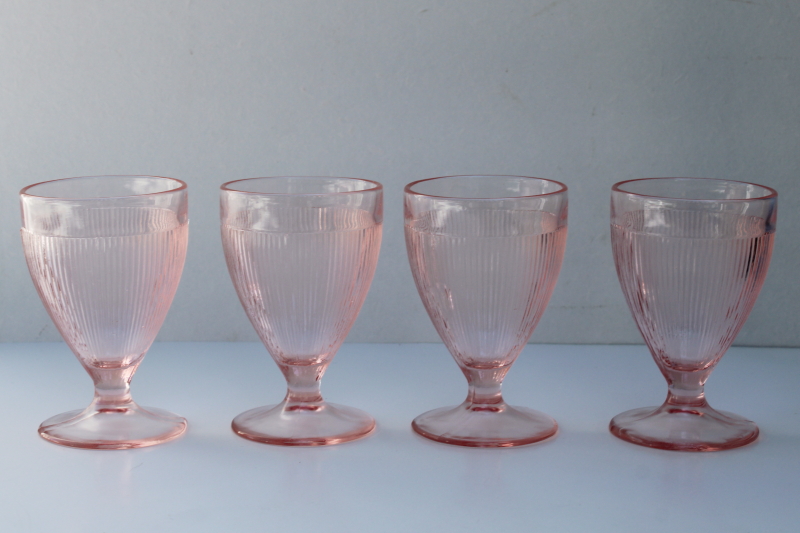 Homespun pink depression juice glasses, vintage Jeannette glass fine rib footed glasses