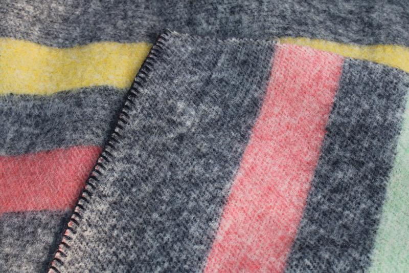 Hudson Bay style striped wool camp blanket, unused vintage Orr Health blanket candy stripe on grey