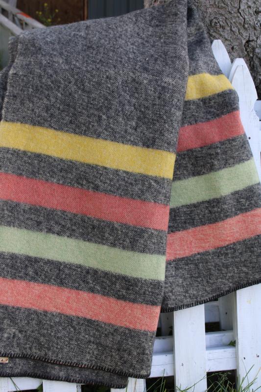 Hudson Bay style striped wool camp blanket, unused vintage Orr Health blanket candy stripe on grey