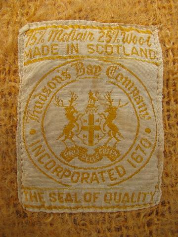 Hudson's Bay blanket label, vintage bittersweet plaid mohair wool throw, Scotland