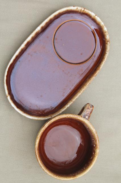 Hull brown drip glaze pottery soup mugs & snack tray plates, soup & sandwich sets