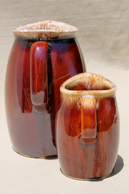 Hull oven proof pottery cream pitcher & milk jug, brown drip glaze stoneware