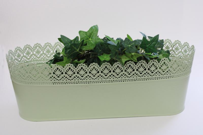 Ikea Skurar pierced metal lace edge planter or storage basket, pale mint green color