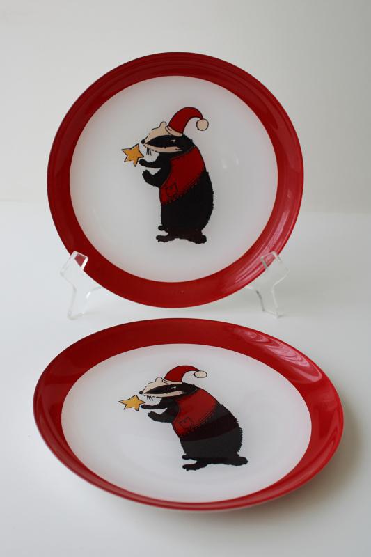 Ikea glass salad plates, Santa hat badger w/ star Christmas dishes Scandi mod