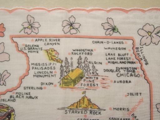Illinois map print hanky, 50s 60s vintage souvenir handkerchief