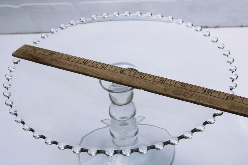 Imperial candlewick pattern vintage glass cake stand, beaded edge plate w/ stacked ball pedestal