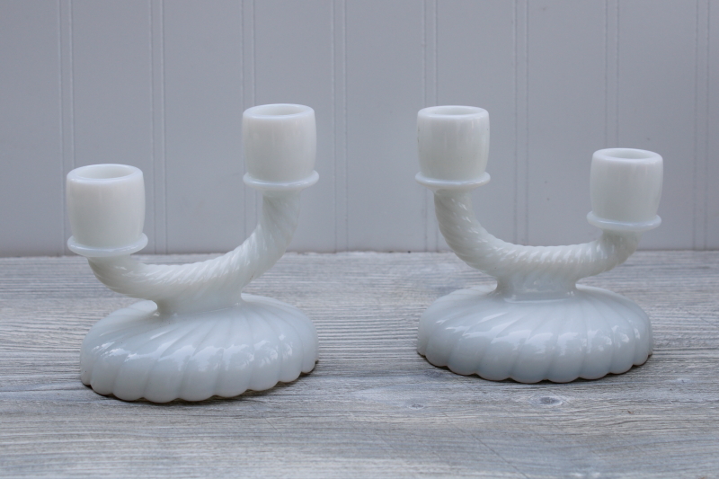 Imperial milk glass candelabra, pair of double light candle holders, deco mod branched candlesticks