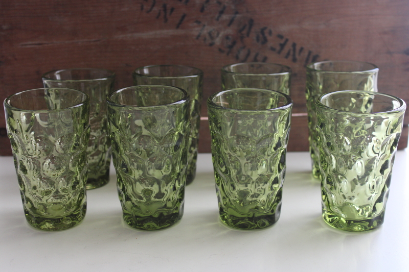 Imperial provincial thumbprint tumblers, chunky vintage avocado green glass juice glasses