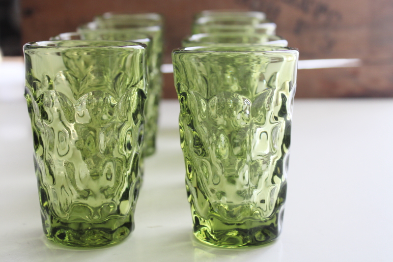 Imperial provincial thumbprint tumblers, chunky vintage avocado green glass juice glasses