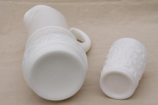Imperial scroll vintage milk glass, tall pitcher & set of 10 tumblers, drinking glasses set