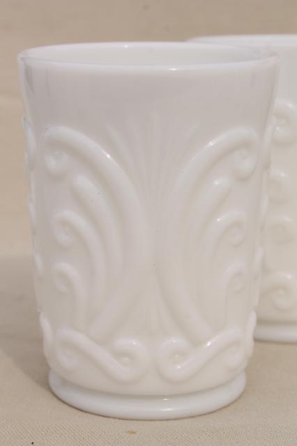 Imperial scroll vintage milk glass, tall pitcher & set of 10 tumblers, drinking glasses set