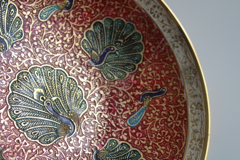 India solid brass bowl w/ hand painted enamel peacocks design, vintage boho decor