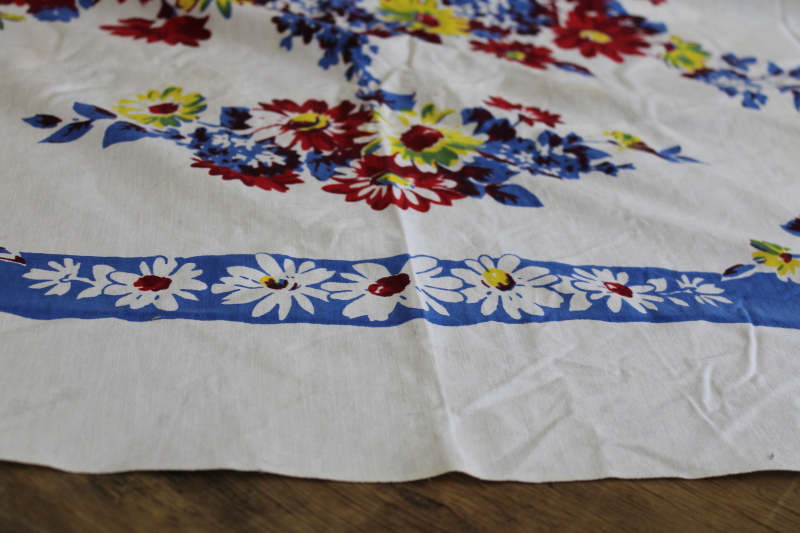 Indian Head cotton print tablecloth bright fruit blue, red, yellow, mid-century vintage
