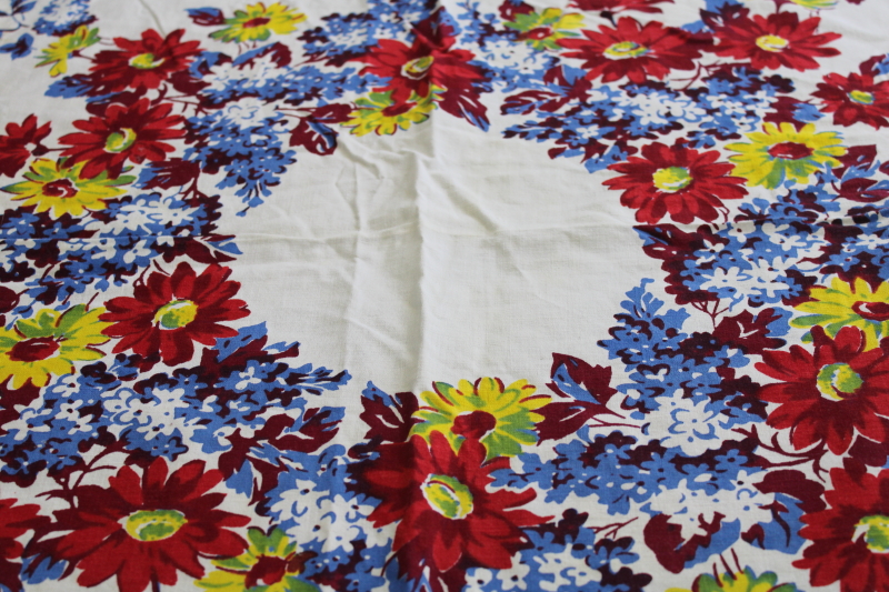 Indian Head cotton print tablecloth bright fruit blue, red, yellow, mid-century vintage