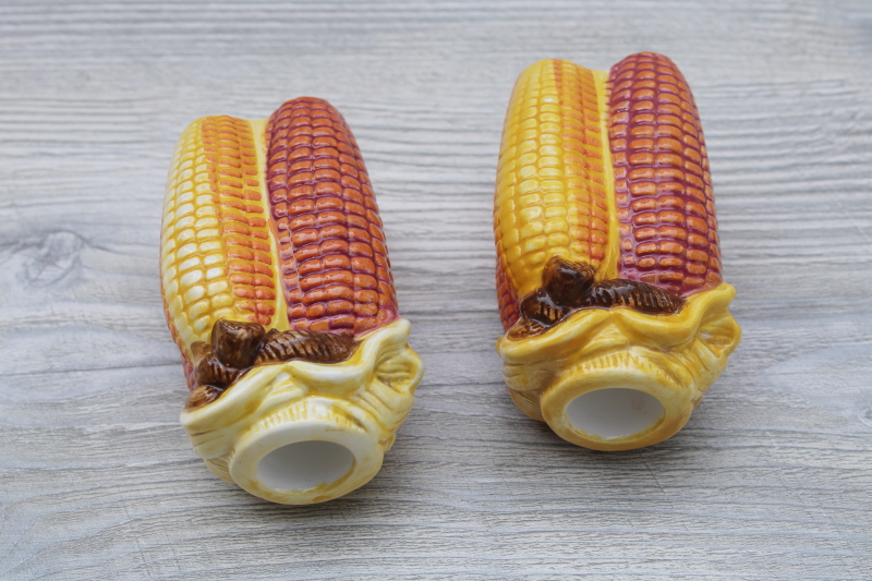 Indian corn candle holders fall harvest decor, vintage hand painted ceramic candlesticks made in Taiwan