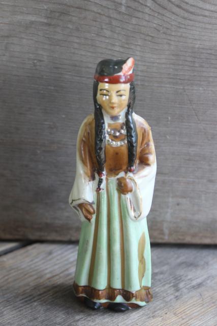Indian maiden vintage Japan hand painted china figurine, girl w/ long braids