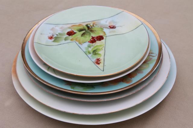 Indian summer fruit & floral hand painted china plates, mismatched antique vintage dishes 