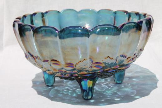 Indiana carnival glass bowl, 70s vintage blue iridescent glass harvest grapes fruit bowl