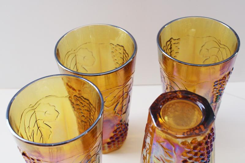 Indiana carnival glass tumblers, amber gold iridescent grapes pattern drinking glasses