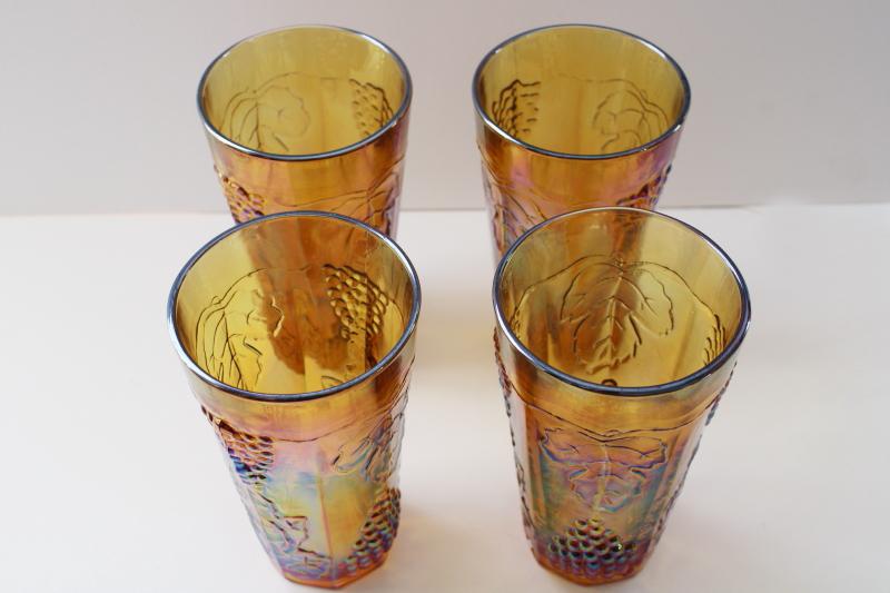 Indiana carnival glass tumblers, amber gold iridescent grapes pattern drinking glasses